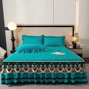 Three-Piece Bedding Set, Solid Color Quilted Design, Thick Lace Trim, Includes 1 Duvet Cover and 2 Pillowcases, Soft and Breathable