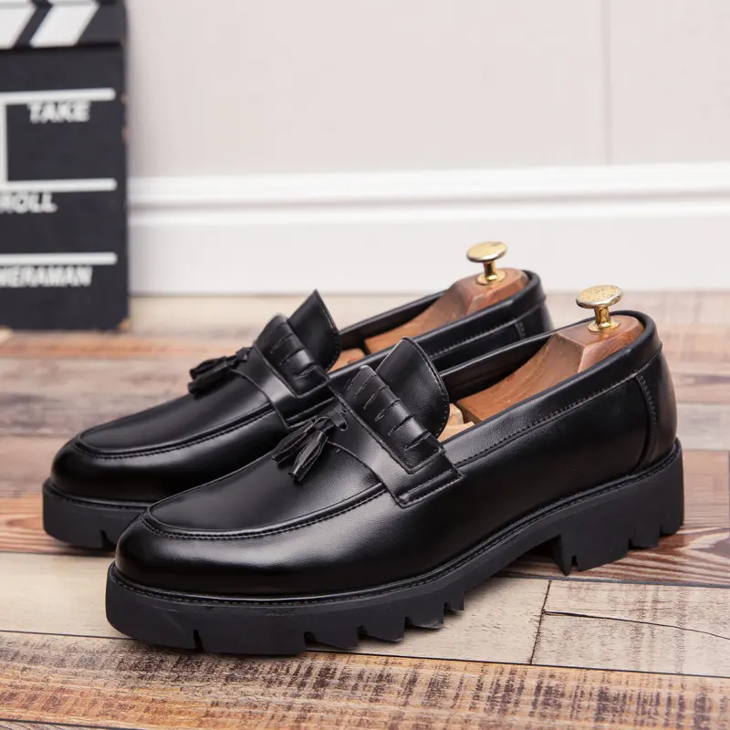 Men's Retro Glossy Platform Tassel Loafers - Flat Leather Slip-On Walking Shoes for Light Business, Commute Wear