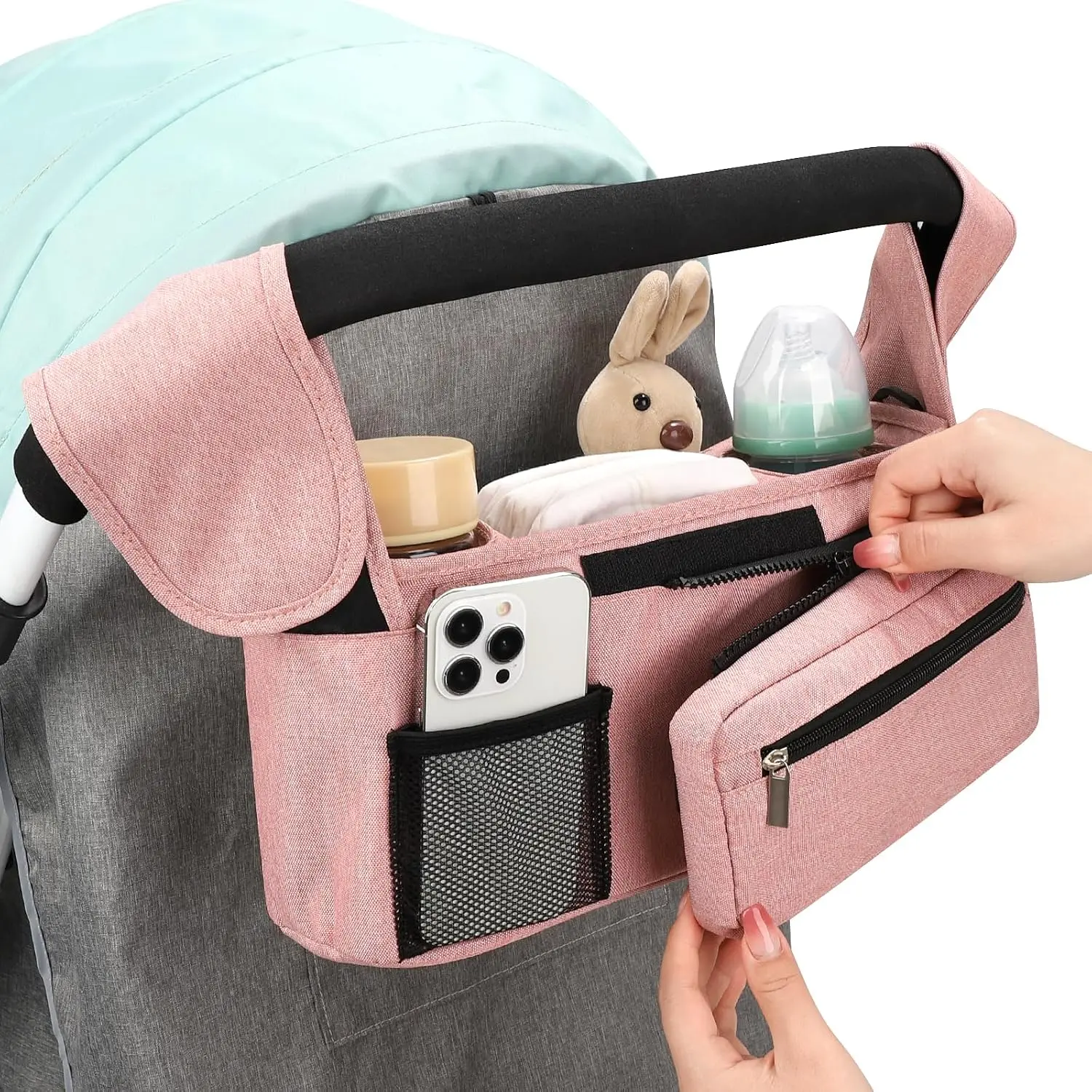 Universal Baby Stroller Organizer & Caddy with Insulated Cup Holders, Detachable Mesh Bag & Non-Slip Hooks – Fits Most Strollers