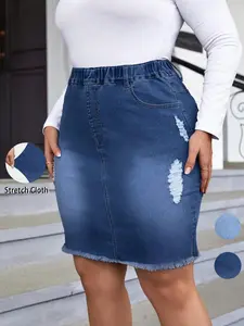 Women's Ripped Distressed Denim Skirt Elastic Fitted, Fashion Casual Short Skirt for Daily Outdoor Wear, Ladies Bottoms for Summer, Womenswear