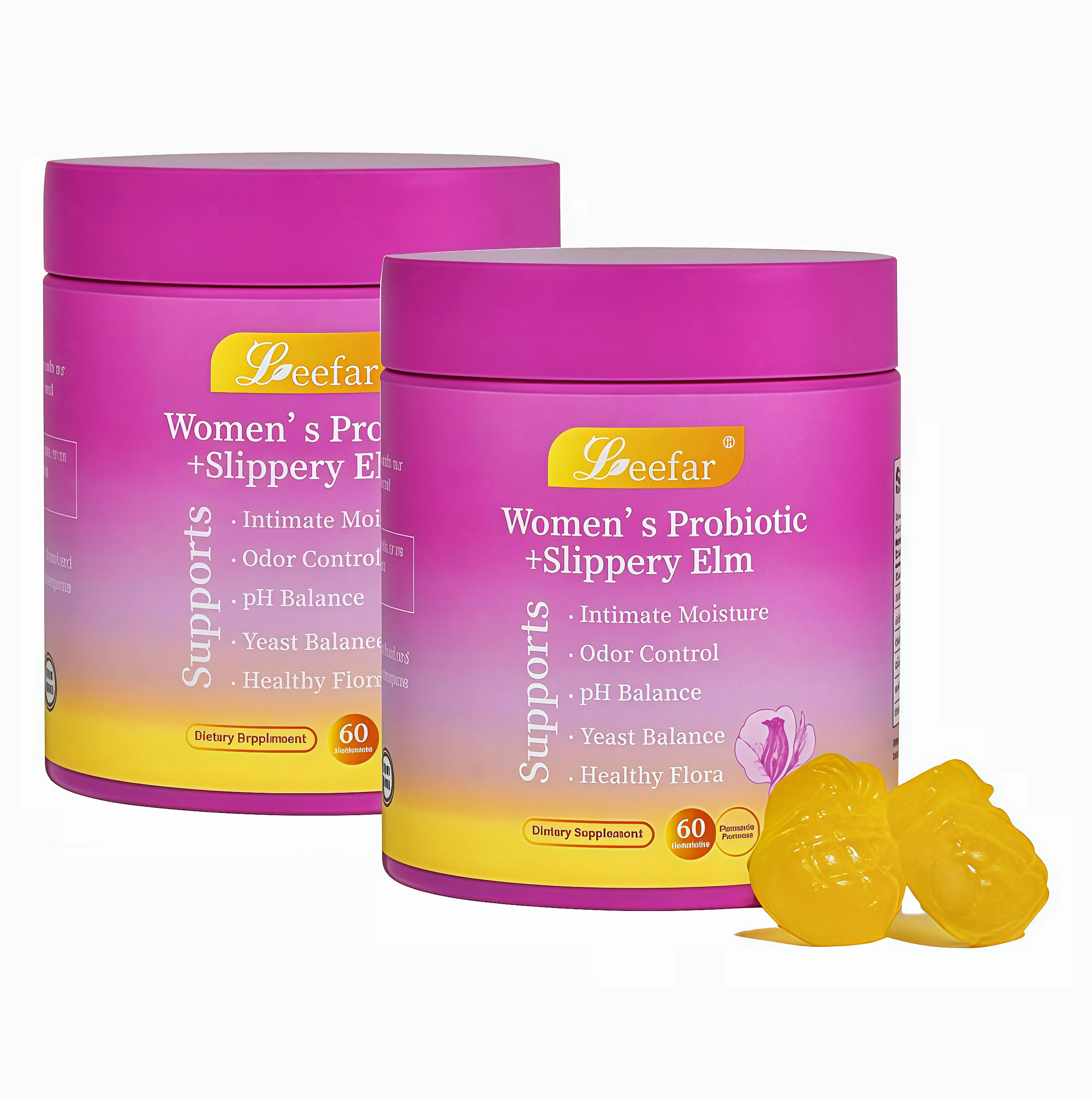 2 Botte LEEFAR Her Probiotics Gummies CS - All in One Solution with Slippery Elm and Prebiotics & Lactobacillus Probiotic Blend for Women's pH Balance and Dryness Hawaiian Pineapple Gummies Dietary Supplement