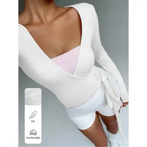 Soft, high elasticity pink yoga fitness sports wrap V-neck long sleeve crop top, fashion, casual, elegant all-match essential design for women, Spring & Autumn