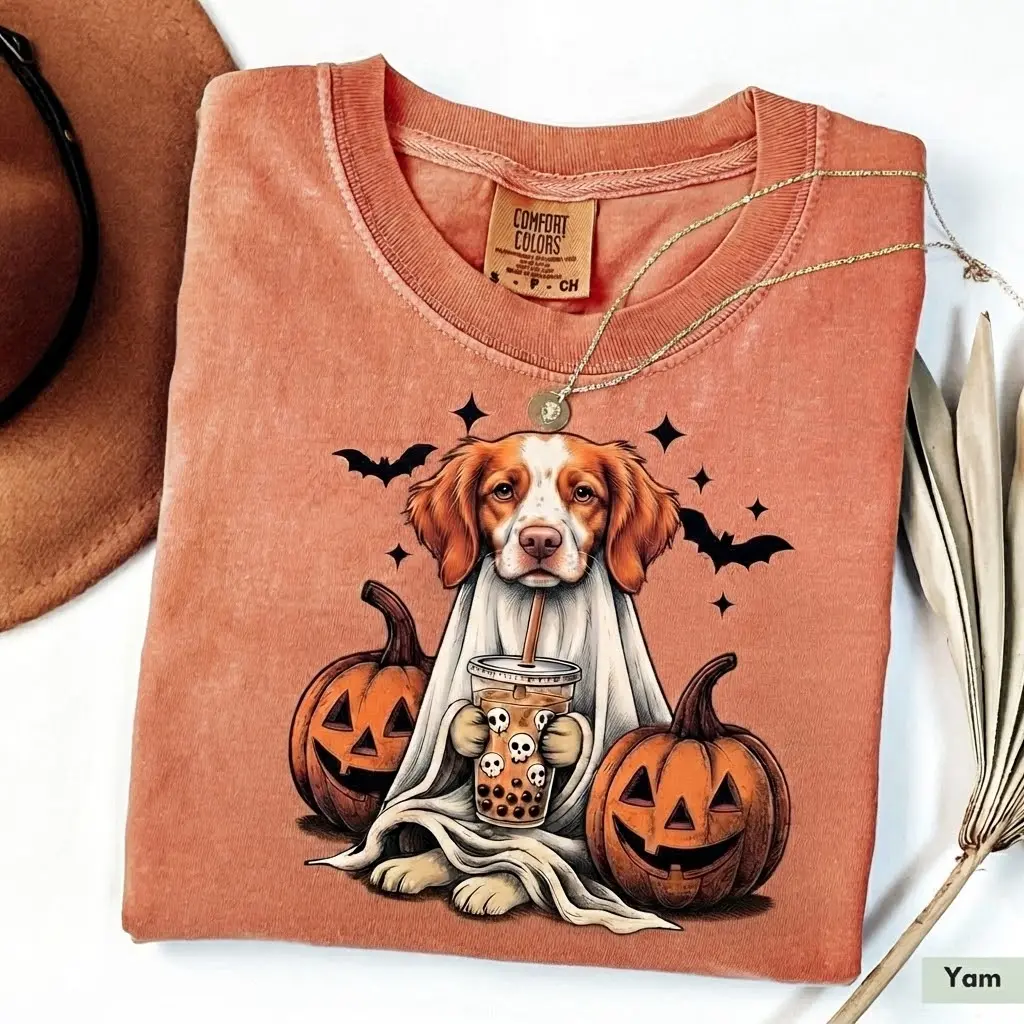 Brittany Spaniel Ghost Halloween Tee - Soft Vintage Style Fall Graphic Shirt