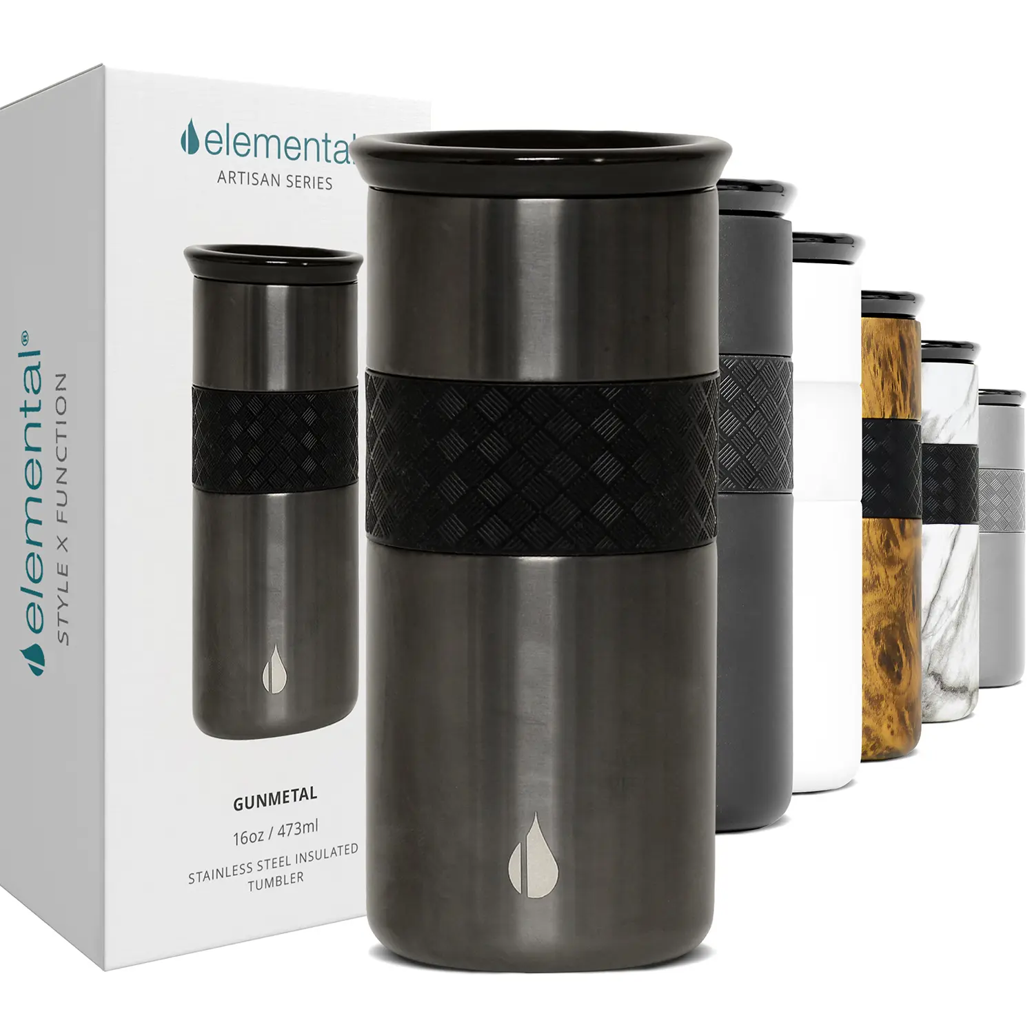Elemental Artisan 16 & 12 oz Insulated Tumbler - Reusable Stainless Steel Coffee Tumbler with Hand Glazed Ceramic Lid. Hot 6 hrs & Cold 18 hrs