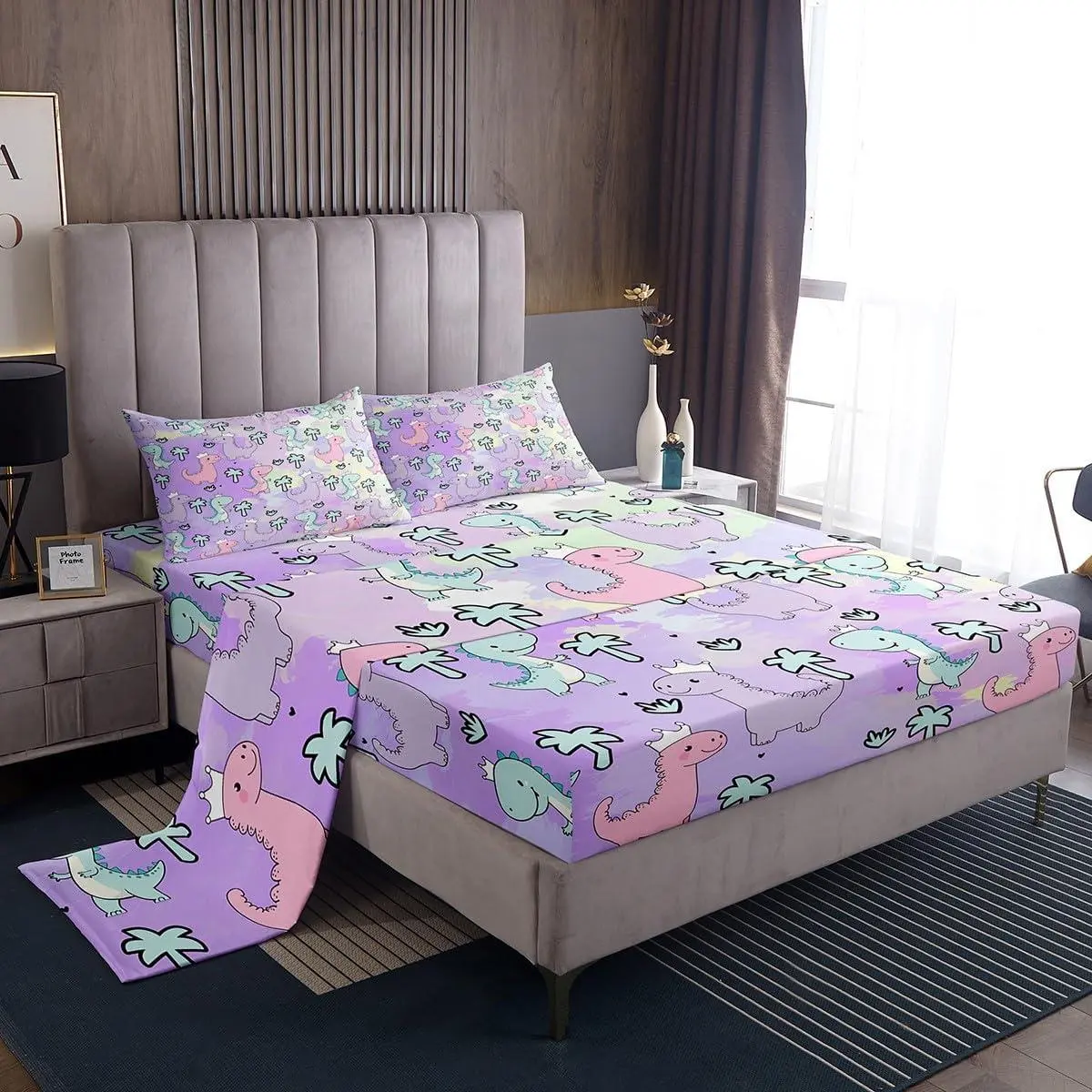 Dinosaur Bed Sheets,Kawaii Dinosaur Bedding Set,for Kids Girls Boys Gift Bedroom Decor,Cartoon Cute Animals Flat Sheet,Palm Leaf Sheet Set,Green Purple Pink
