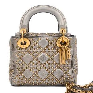 Pre-owned Dior Leather Top Handle Bags Lady Pearly Studs Mini Metallic Grey JM R017