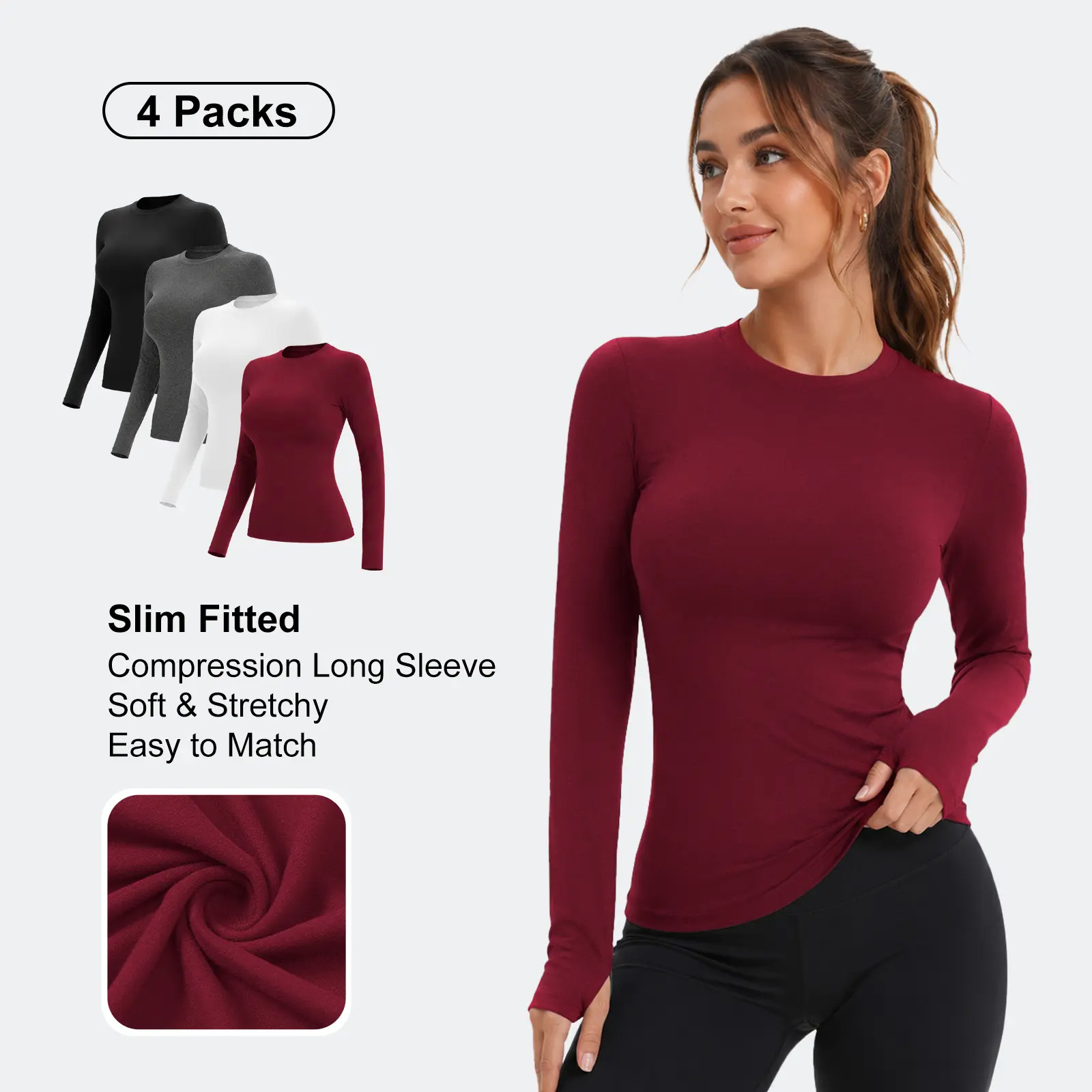 4 Packs Women's Long-Sleeve Compression Activewear Fitness Shirts - Crew Neck Style, Slim Support Fit, Basic Long Training Sports T-Shirt, Easy to Style, Machine Washable Gym & Cardio Sportswear, Underscrubs Use,outdoorfun