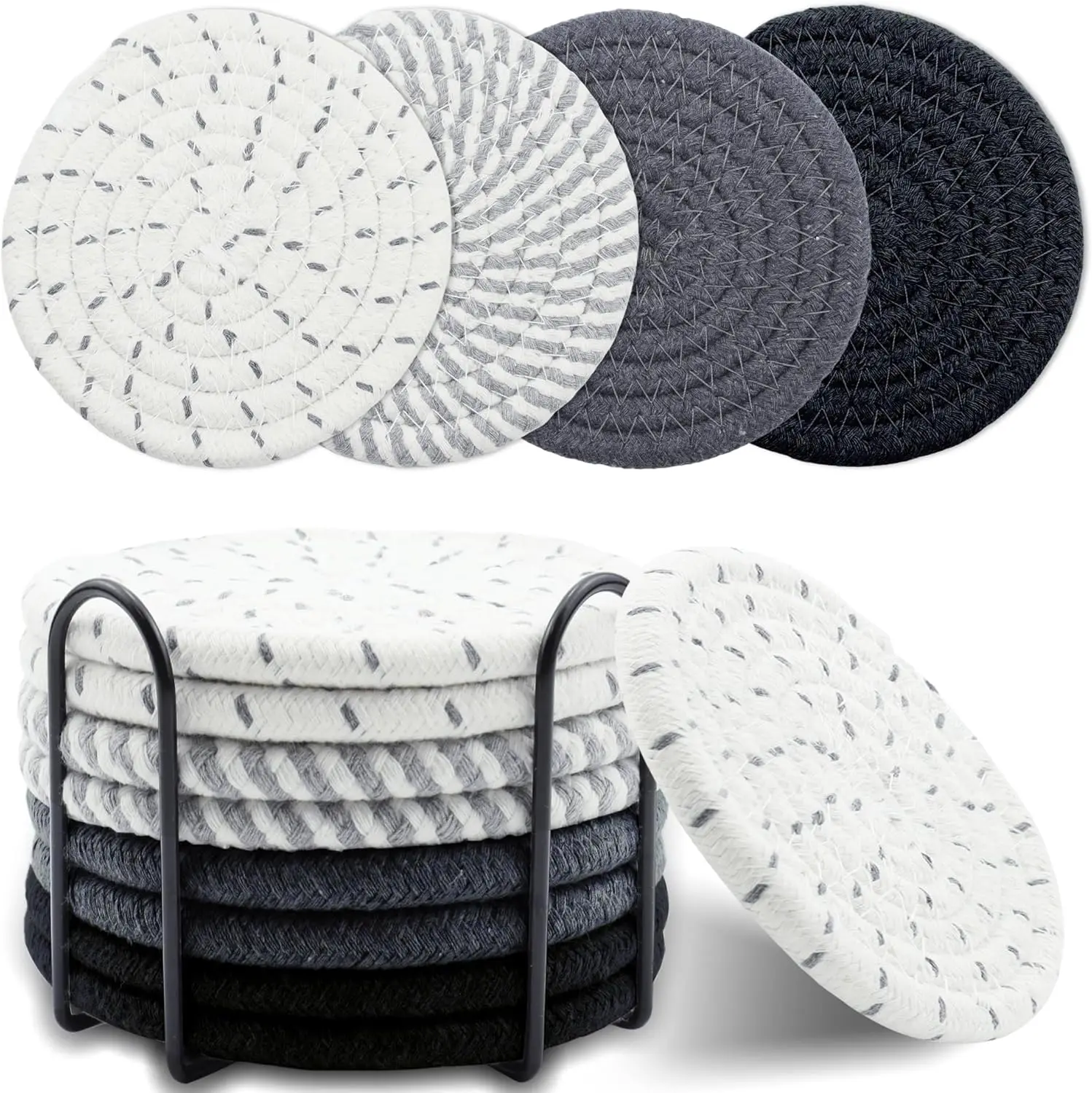 8-Piece Cotton Woven Drink Coasters Set with Holder - 4.3 in Absorbent, Sturdy, Heat Resistant, Reusable Tableware for Coffee Mugs, Glasses, Home Decor - Easy Maintenance, Hand Wash, Hang to Dry