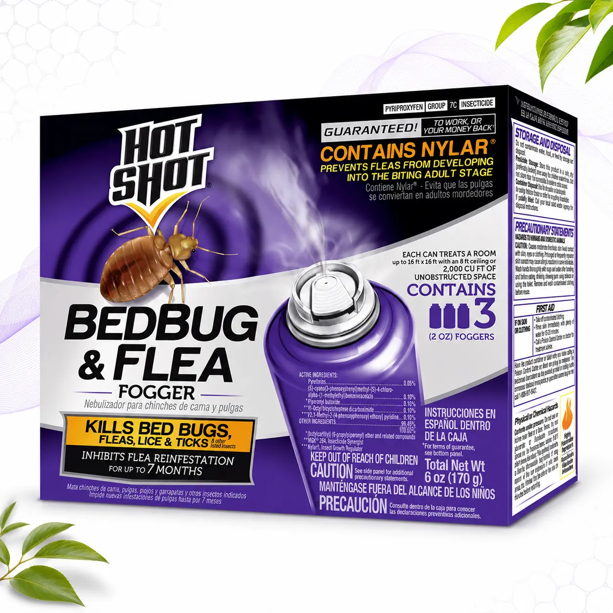 Hot Shot Bedbug and Flea Fogger - 3 Count 2 oz Cans with Nylar, Indoor Pest Control for Inhibiting Flea Reinfestation