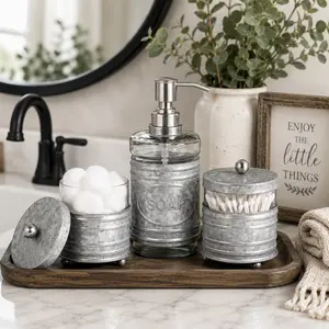 Autumn Alley 3-Piece Farmhouse Bathroom Accessory Set – Rustic Galvanized Soap Dispenser, Cotton Ball Holder & Qtip Organizer for Bathroom Vanity Decor