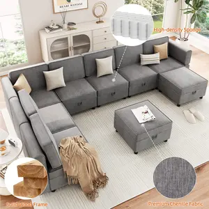 139.4″ Chenille Reversible Sectional Sofa – 9‑Seater Modular Sectional Sofa – Comfy Sectional Sleeper Sofa Couch with Chaise – U‑Shape Modular Couch with Storage Seats & Ottomans – Grey