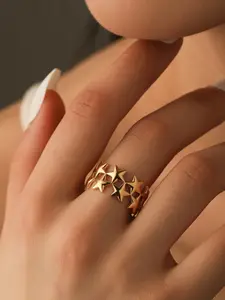 Double Layer Star Ring | 18K Gold Plated Stainless Steel Geometric Star Ring | Bold Chunky Statement Jewelry | Trendy Punk Finger Ring | Adjustable Open Band Gift for Women Men