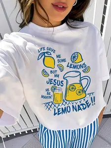 Women's Summer Round Neck Short Sleeve T-Shirt, Lemon & Letter Pattern Print, Casual Loose-Fitting Top, Versatile Fashion Tee