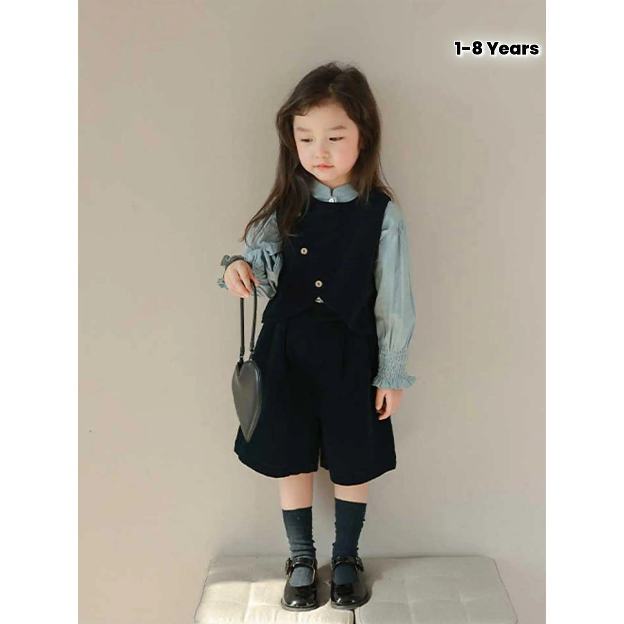 Girls' Spring and Autumn New Fashion Outfit: British-style Corduroy Diagonal Button Vest + Solid Color Stand-up Collar Shirt + Loose Shorts Three-piece Stylish Set