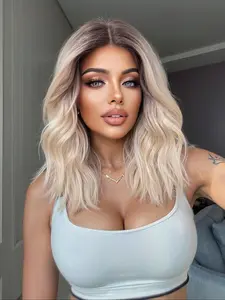 13x6 Lace Front Wig Free Parting, Ombre Brown Blonde Platinum Color Gradation, Medium Long Curly Synthetic Hair, Heat Resistant Women's Party Wig for Everyday & Valentine's Fashion, Glueless Curly Wig