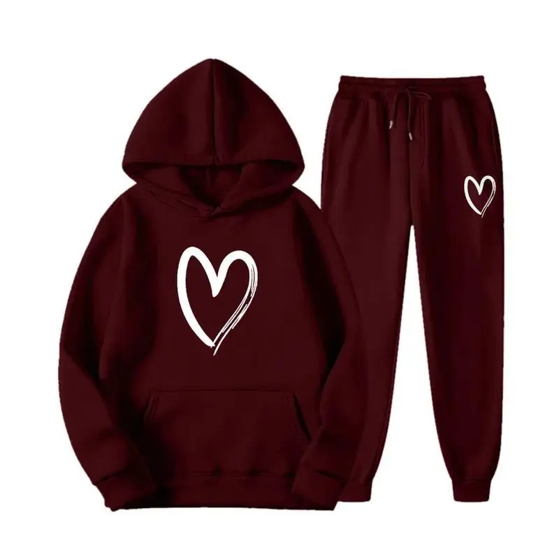 Women Heart Print Hoodies 2 Piece Set Autumn Oversize Sport Casual Hooded Sweatshirts+Trousers Suit y2k Pullover And Sweatpants