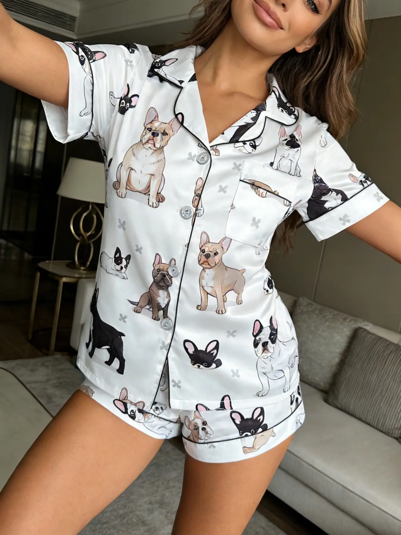Women's French Bulldog Print Pajama Set, Short Sleeve Shorts Notch Collar Open Front Two-Piece Loungewear Set