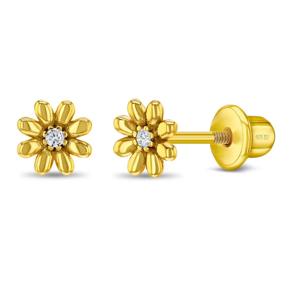 IN SEASON JEWELRY Kids' Dainty Floral Hypoallergenic Fashion Earrings - 14k Gold Plated Over Sterling Silver, Screw Back, Cubic Zirconia, Lightweight, Everyday Gold Kids Accessories for Girls