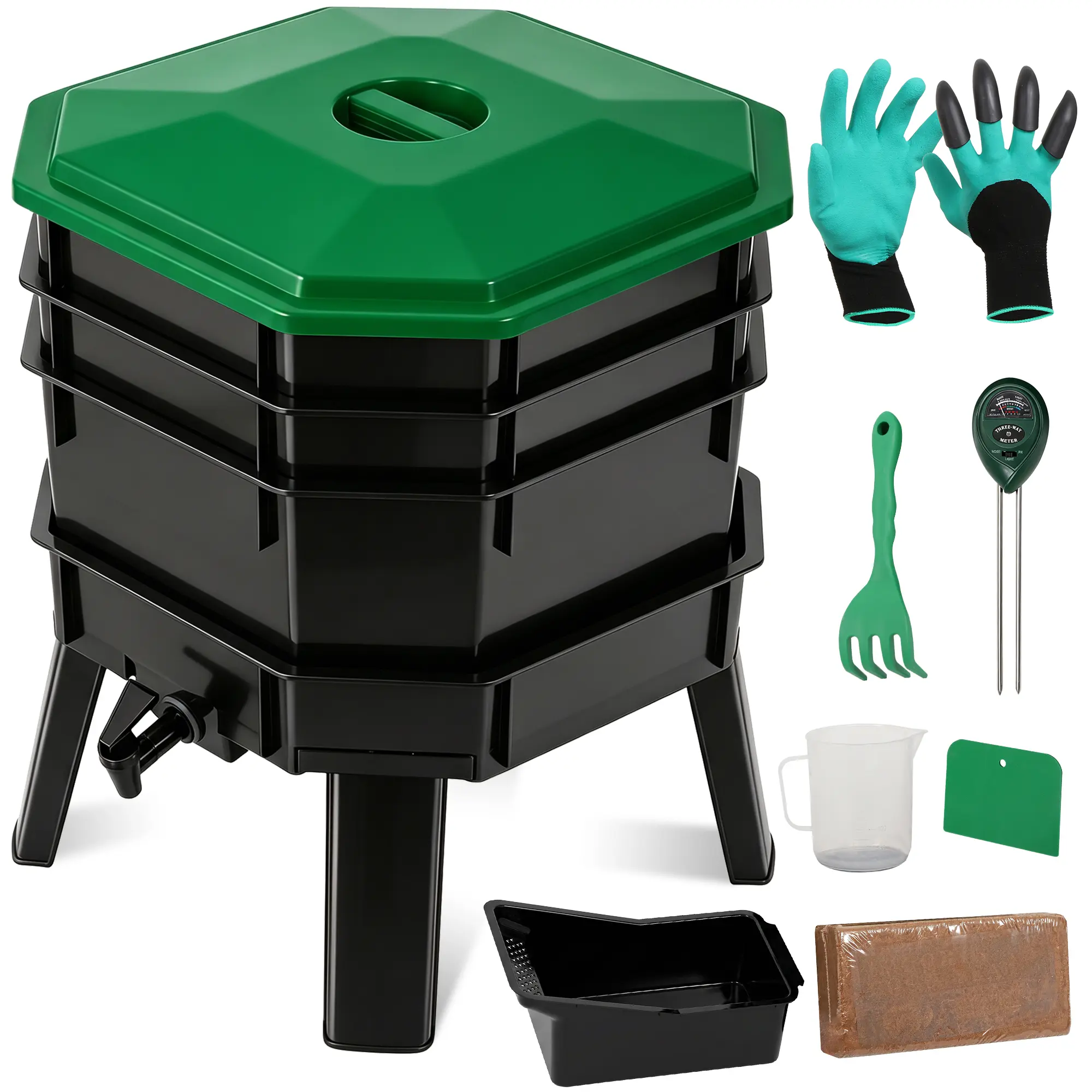 Zeny 3-Tray/ 5-Tray Worm Compost Bin, Odorless PP Plastic Worm Composter Vermicomposting System W/Spigot, Worm Farm Starter Kits for Home & Kitchen Food Waste Recycling, Black