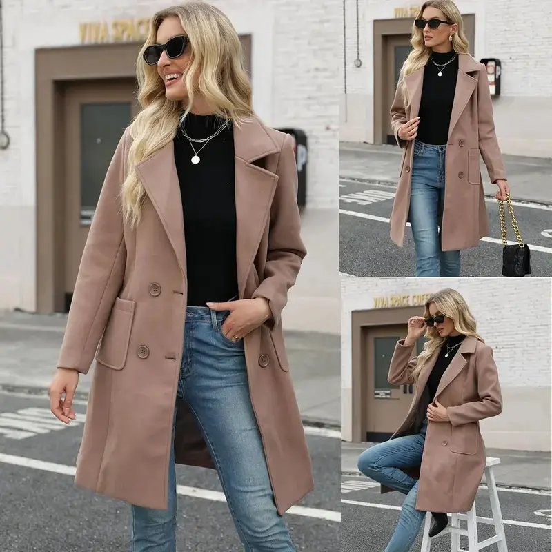Women's Double Breasted Peacoat Fall Winter Lapel Collar Mid-Length Coat Casual Elegant Trench Jacket Outerwear