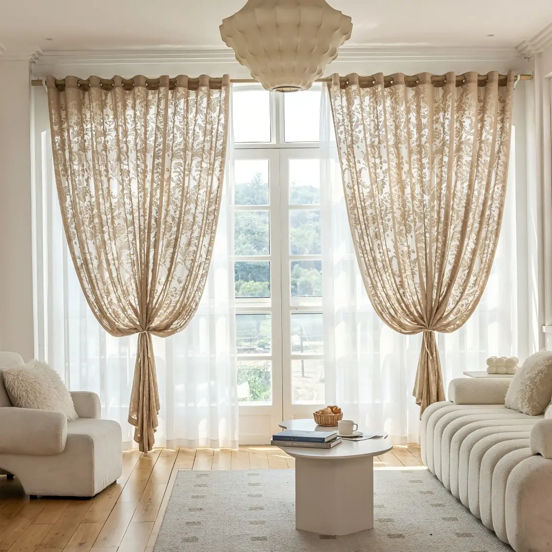 2pc Light luxury lace coffee-colored phoenix tail finished gauze curtain, Curtain Panels, is suitable for modern bedrooms, living rooms, dining rooms, easy to install with holes, Home Decoration Curtain, Window Curtain
