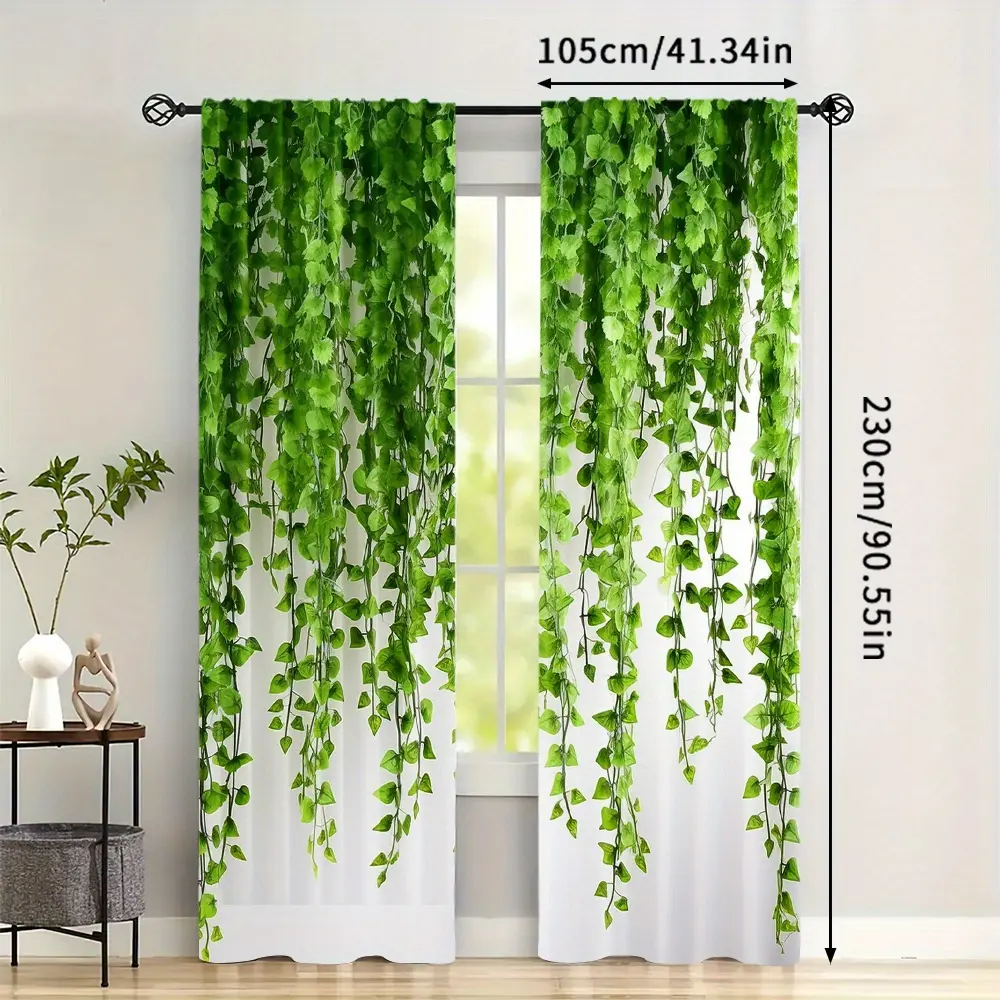 Green Leaf Pattern Polyester Curtains - 2 Piece Set, Rod Pocket Design, Digital Printing, Suitable for Living Room, Kitchen, Dining Room, Study Room - Festive Home Decoration, Suitable for Ages 14 and Above, Easy to Maintain