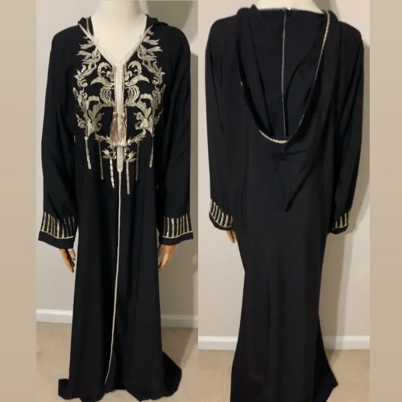 Black and Gold Embroidered Moroccan Dress / Arab Traditional Abaya