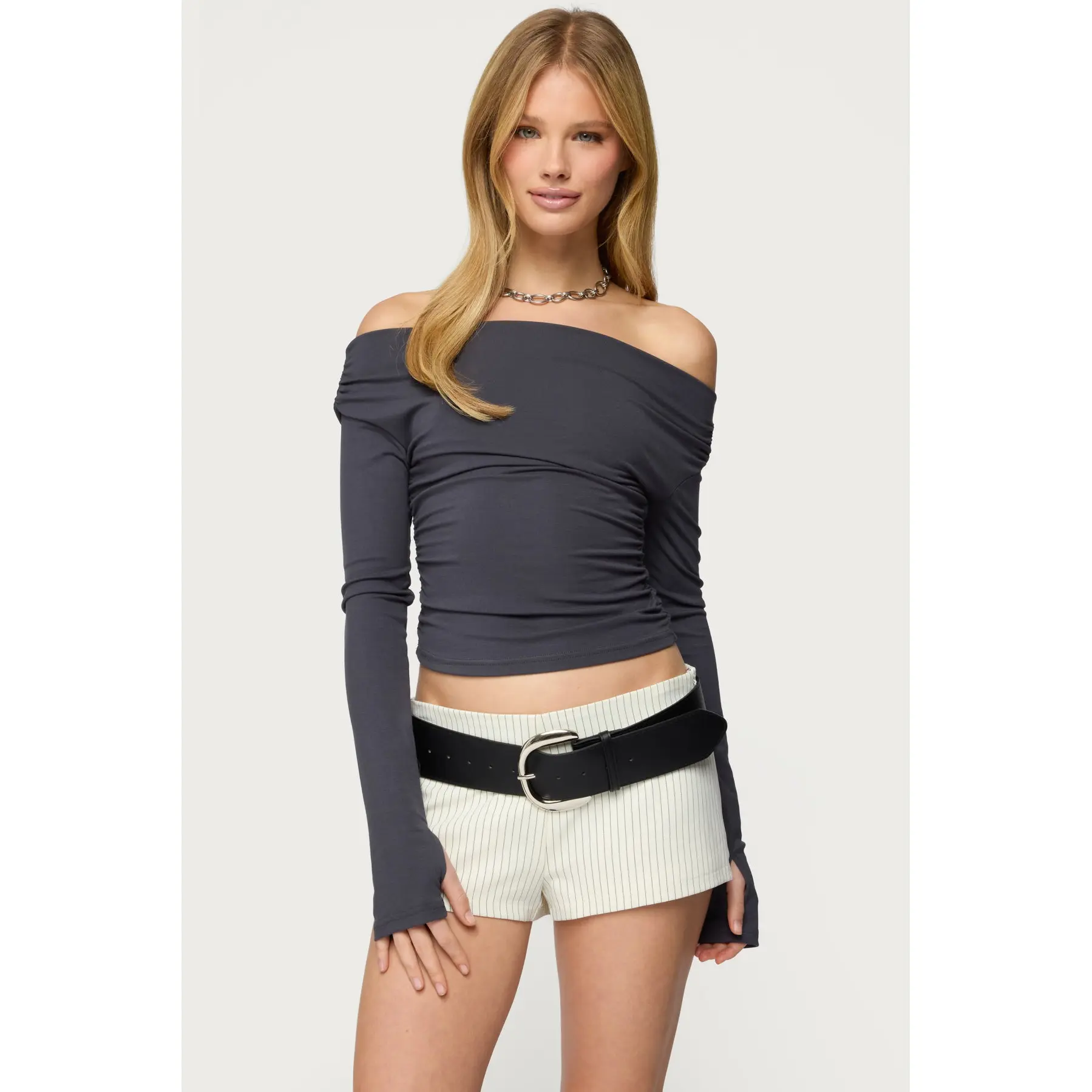 Milane Ruched Off Shoulder Ribbed Top