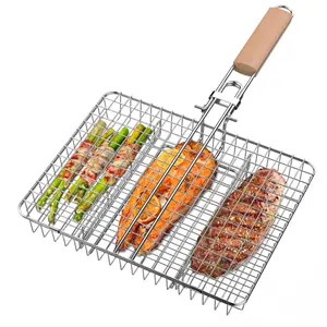 [Bellemave] Stainless Steel BBQ Grilling Basket with Wooden Handle, Large Capacity Grill Basket for Fish, Vegetables & Meat