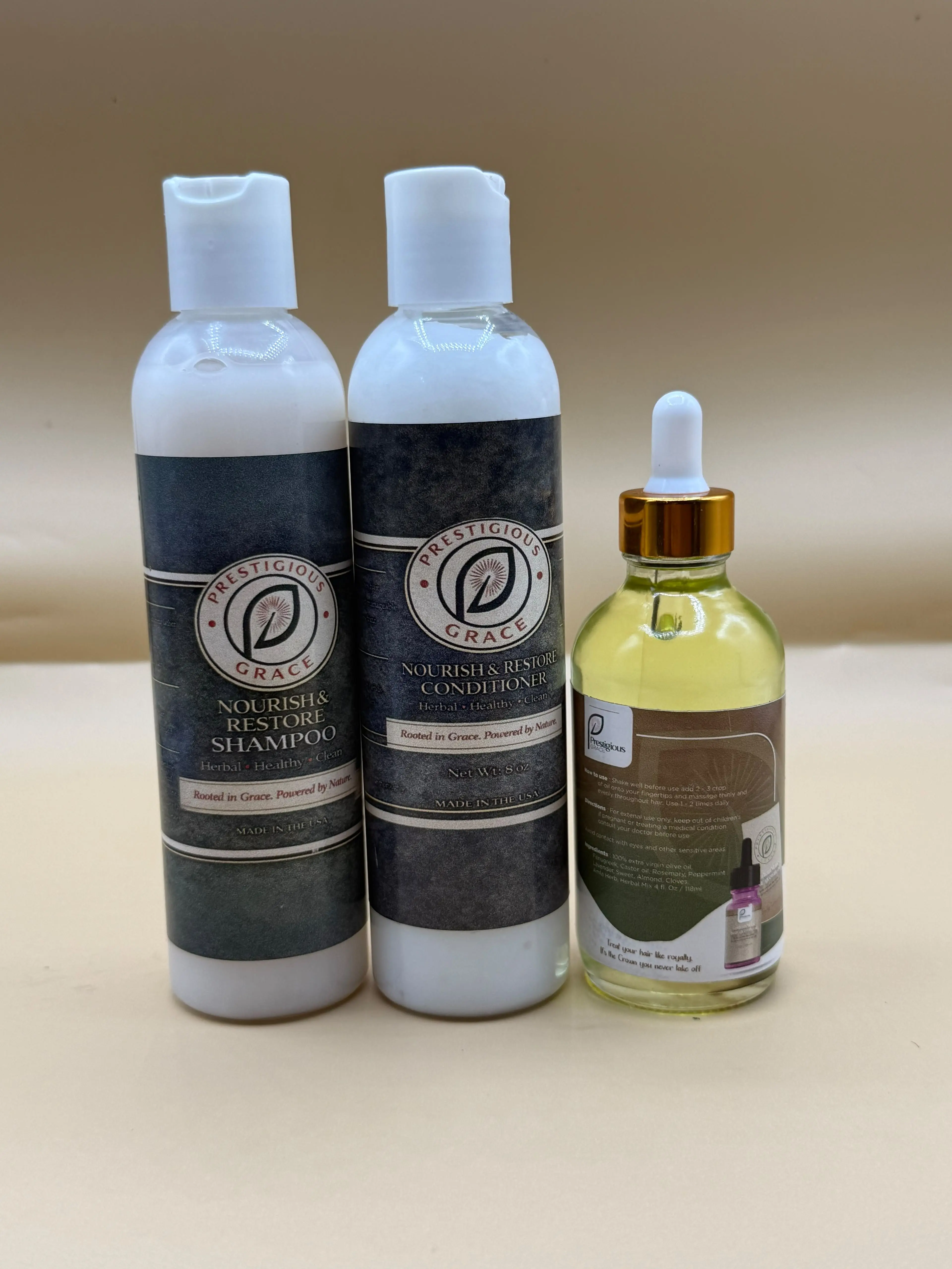 Prestigious Grace Nourish & Restore Hair Care Trio includes Shampoo, Conditioner, and Stimulation Oil