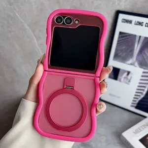 Magnetic Wave Design Aesthetic Phone Case Cover Protector for Samsung Galaxy Z Flip 7/6/5/4/3, Supports Wireless Charging & Stand Function, Shockproof Protection
