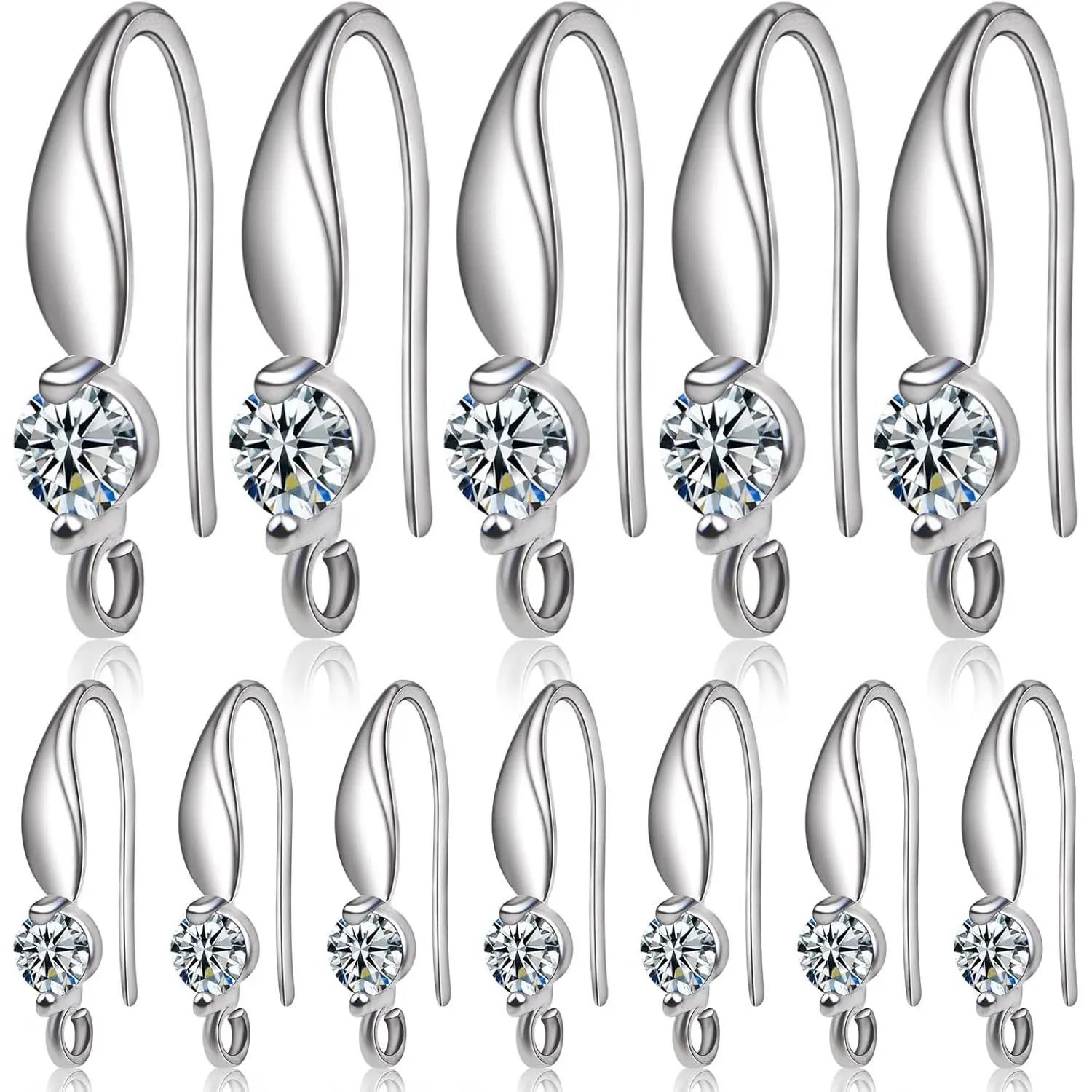 12pcs Silver Plated Rhinestone Earring Hooks Brass Ear Wire Fish Hooks with Open Loop Round Rhinestone Earring Components for Women DIY Earrings Jewelry Making