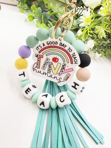 creative letter pattern tassel decor metal keychain, cute hand made beaded bracelet decor key ring, fashionable cute keychain for men & women valentine's day, charms, gift, personalized gifts for her