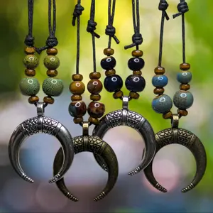 Etched Crescent Moon Silver Charm Ceramic Boho Hippie Whimsical Adjustable Black Rope Cord Choker Stacking Necklace jewelry