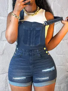 Chic Women's Ripped Denim Bib Shorts - Dark Wash & Adjustable Straps