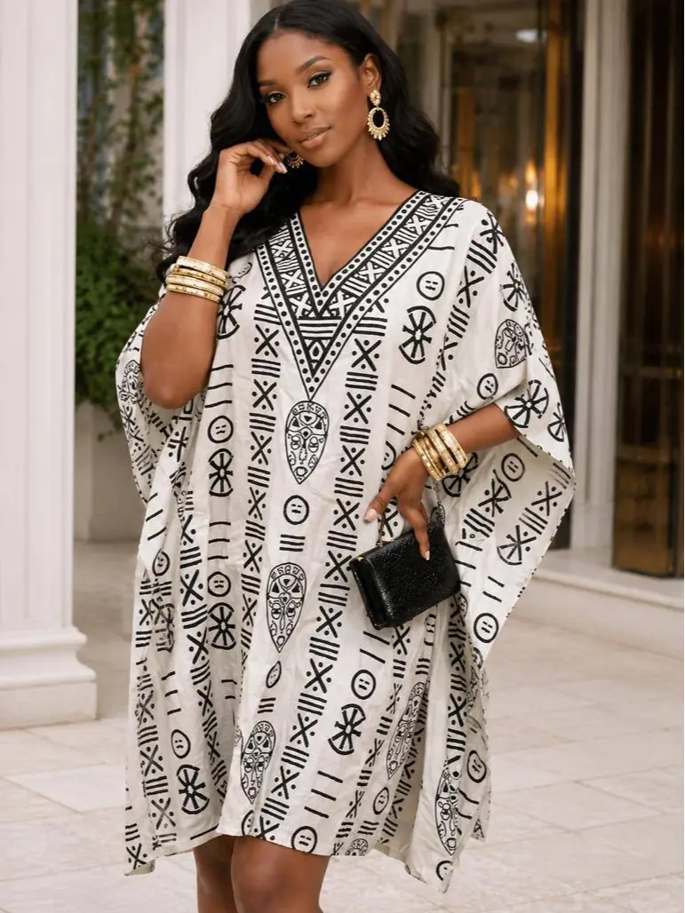 Elegant White African Kaftan for Women | Loose-Fit Mudcloth Print Boubou Dress | Luxury Modest Caftan, Oversized, African Fashion, Black, African Style Casual Dresses