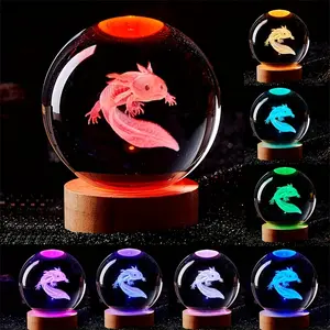 3D Salamander Laser Engraved Crystal Ball Multi-Color Night Light, Creative Birthday Gift for Girlfriend Wife Daughter, Home Decor