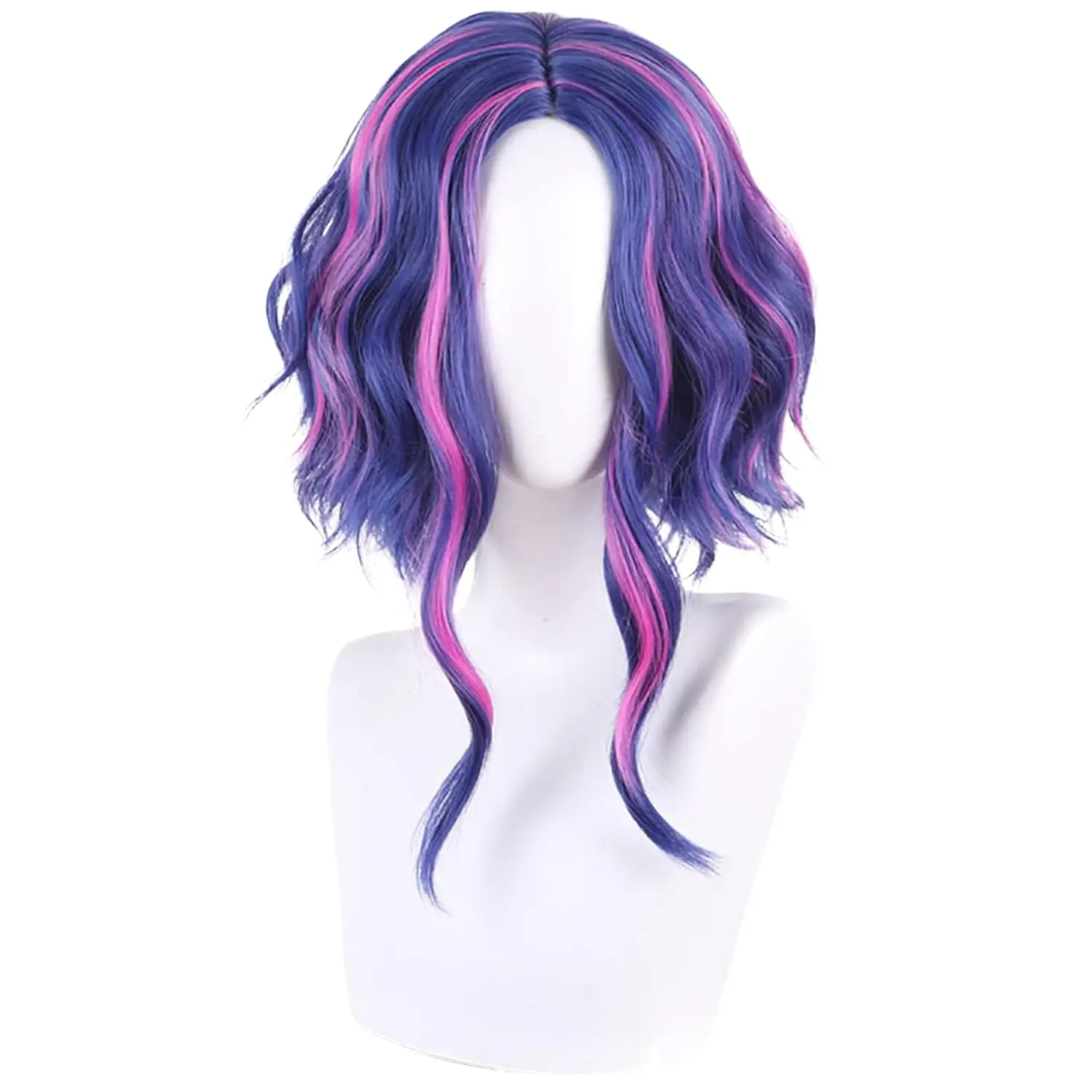 Women's Anime Game Short Wavy Synthetic Wig - Pink, Purple, Blue with Neon Accents - Size 21-24" Nagant1895 Female Cosplay Wig for Halloween/Party