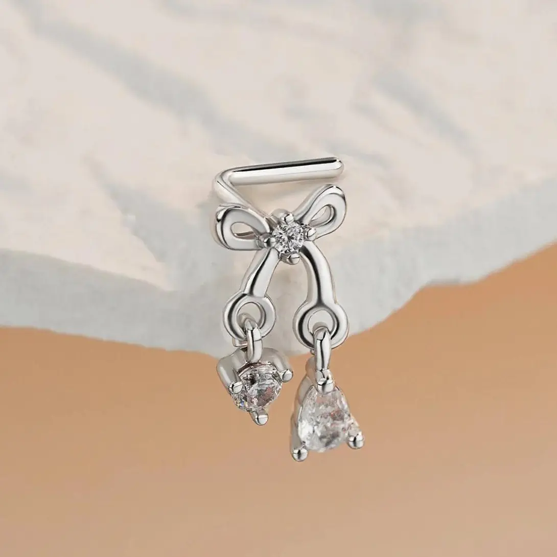 OUFER Women's L-Shaped Dangle Nose Ring - Dainty Bow Costume Body Jewelry Stud with Bling Sparkling Cubic Zirconia, Secure Lightweight Fit for Everyday Wear, One Size, Dainty Piercing Jewelry for Healed & New Healed Piercings, Any Occasion, Female