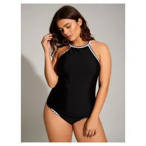 Plus Size Swimsuit for Women Black Halter One Piece - Contrast Binding Bathing Suit with Removable Cups, Comfortable & Supportive Swimwear for Curvy Figures
