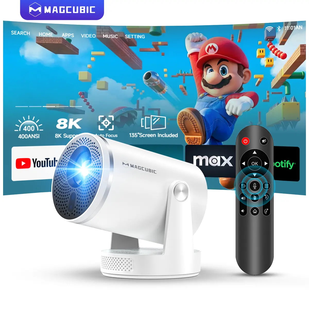 Magcubic HY320Pro Projector Auto Focus Native 1080P Google Assistant 8K Decode 400ANSI Android 14.0 Dual WiFi 6 Bluetooth 5.4 Auto Keystone Wireless 180° Flexible Rotating Portable Smart Home Cinema ，Movie Night Gift Projectors For Bedroom