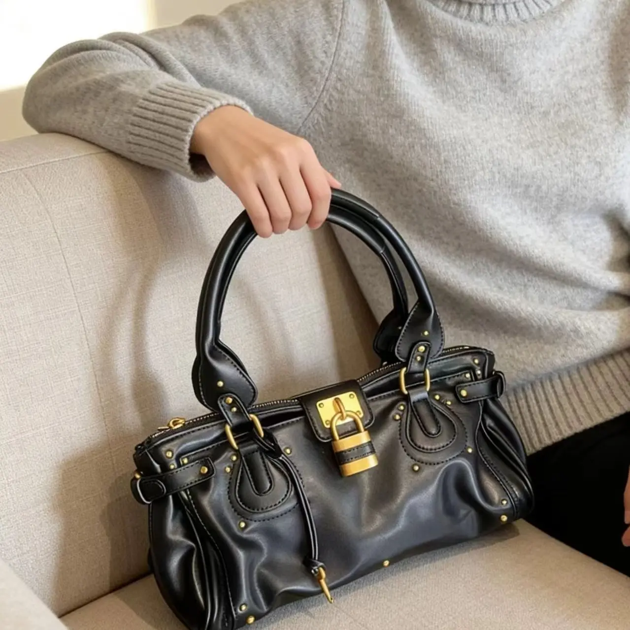 Vintage Distressed Lock Bag, Y2K Motorcycle Bag, Rivet Decor Pillow Bag, Top Handle Crossbody, Shoulder Bag, Fashion Casual Handbag, Punk Style, Trendy Crossbody Bag