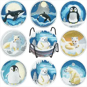 8-Piece Diamond Painted Coaster Set Penguin Pattern (with Stand), DIY Diamond Art Craft Kit for Beginners, Home Decor Gift