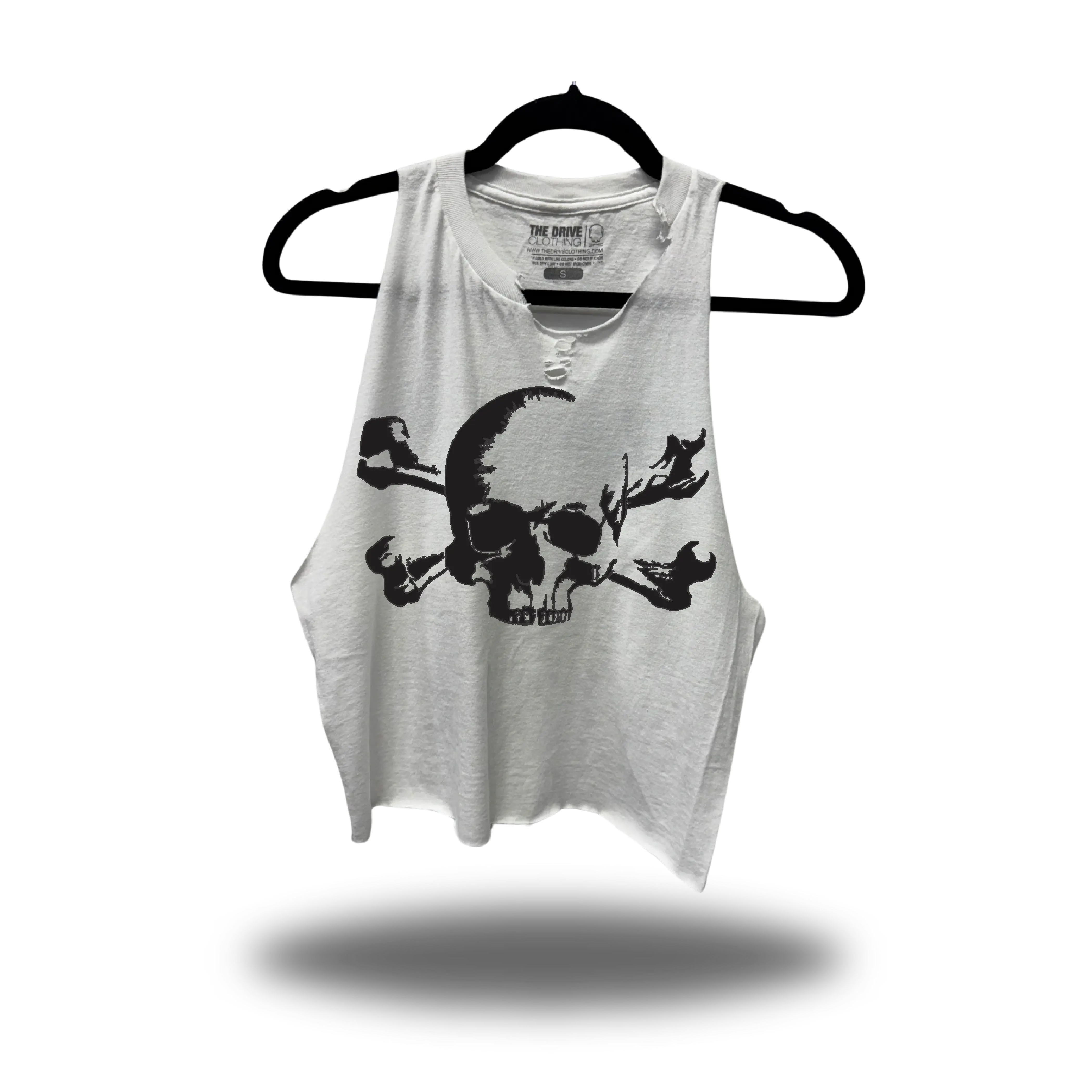 TheDriveClothing Busted Bones Road Rash White Crop Stringer Tank – Black Graphic Print, Y2K Streetwear Crop Top, Unisex Summer Fitness Gym Outfit, Casual Edgy Outfit, 100% Ring-Spun Cotton