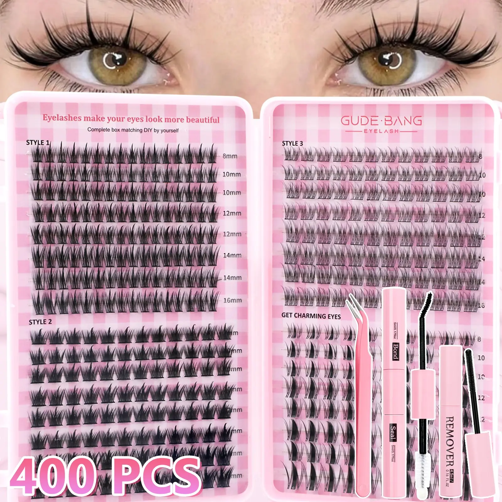 400pcs False Eyelash Extension Set, High Capacity, Includes Glue, Tweezers, Remover, D Curl, Fluffy, DIY Eyelash Extensions, Daily Use, Party, Travel, Gift