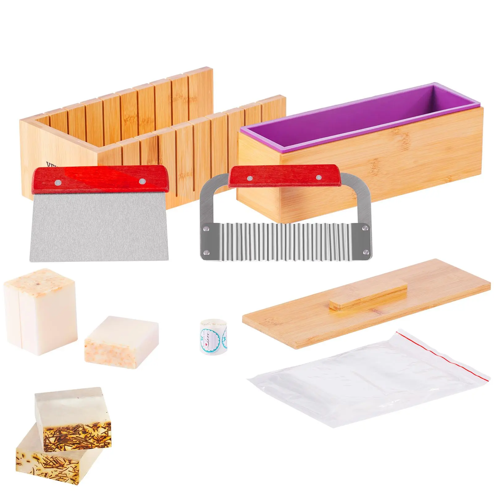 【Summerfinds】VEVOR Soap Making Kit, Bamboo Cutting Box and Inner Box with Silicone Mold, Stainless Steel Straight Cutter and Wavy Cutter, 100 Bags and 105 Stickers, Soap Making Supplies DIY Kits for Adults