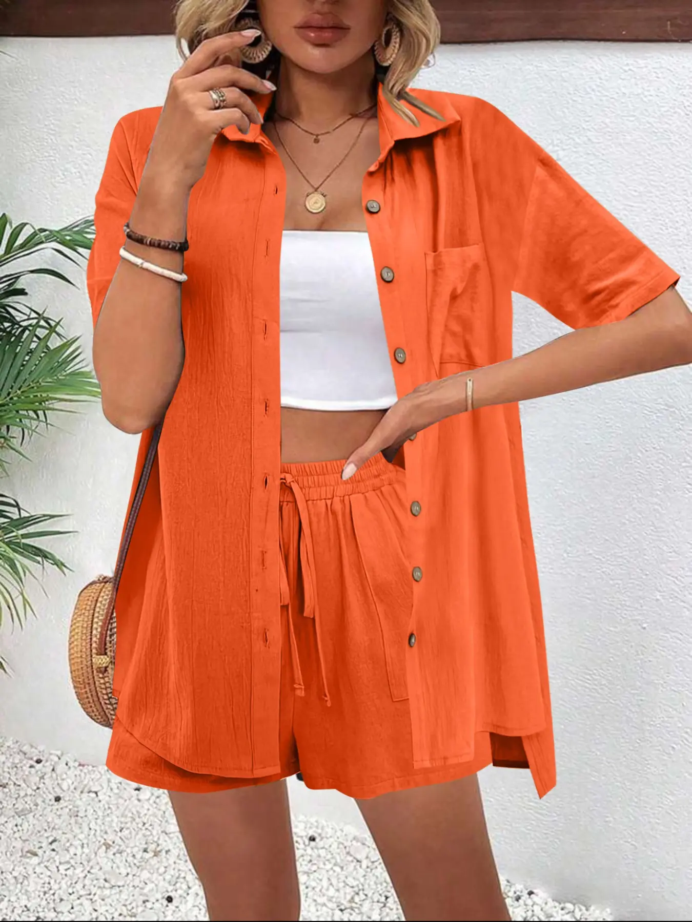 2-Piece Cotton Linen Solid Casual Matching Shirt and Shorts Set, Loose Fit Comfortable Style, Lightweight Breathable Open Front Top + Drawstring Shorts, Summer
