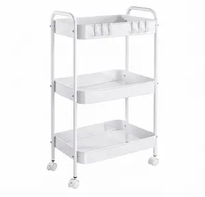 3-Tier Rolling Storage Cart, Rustproof Carbon Steel ,with Lockable Wheels, Handle & 6 Hooks, Heavy Duty Metal Utility Organizer for Nursery Baby Essentials, Kitchen, Bath & Dorm Rentals. Space Saver Rack for Aesthetic DIY Decor, Restock &Temporary Storage