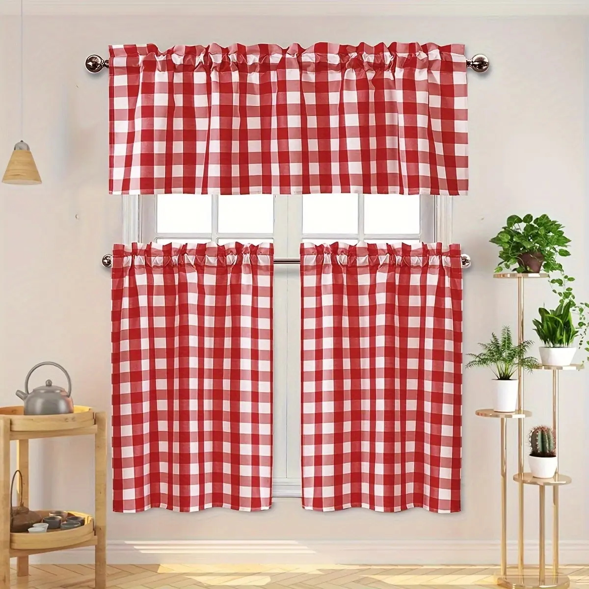 3 Panels Plaid Short Curtain, Holiday Atmosphere Decorative Coffee Curtain for Restaurant Cafe Kitchen Laundry Room Partition Small Curtains, Window Curtain, Home Textile, Interior Decoration Accessories