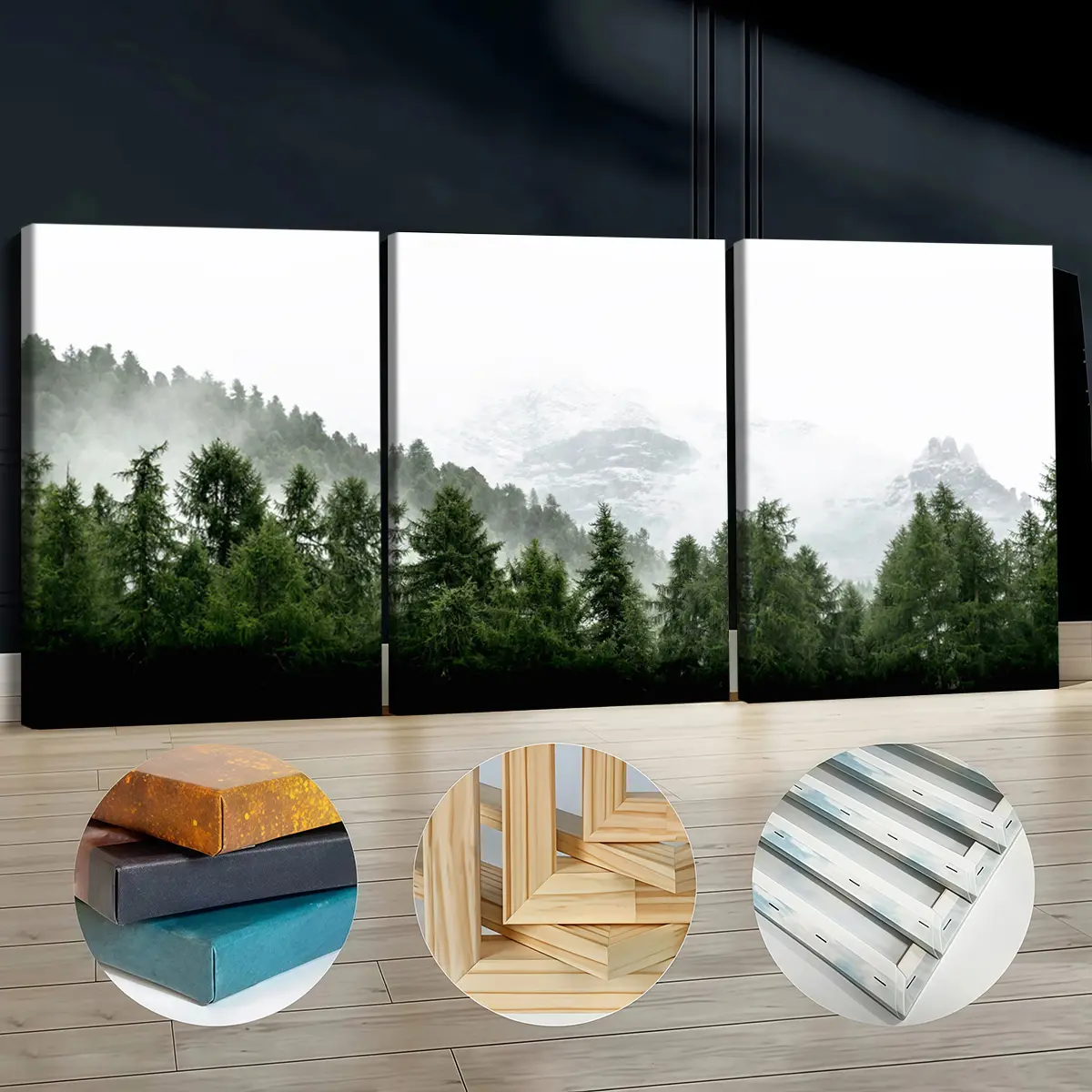 3Pcs Wooden-Framed Canvas Painting Set - Misty Forest Nature Art Wall Artwork, Odorless Indoor Home Decor Picture Image Prints, No Spam Terms, Carton-Packaged for Living Room, Bedroom, Landscape Art